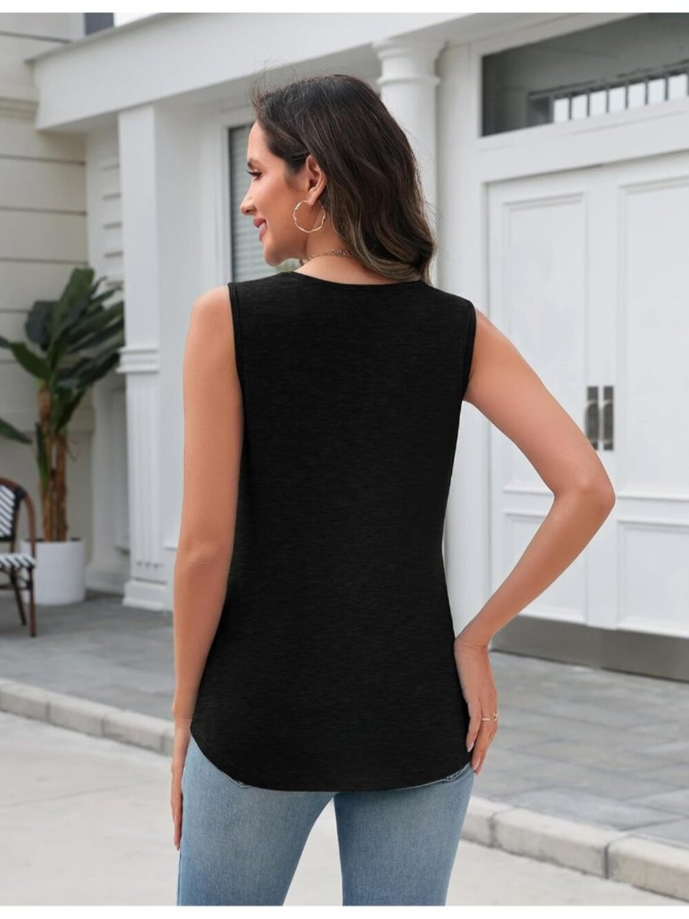 Women's Spring Summer V Neck Black Loose Fit Sleeveless Tops Beach Vacation - Picture 3 of 5